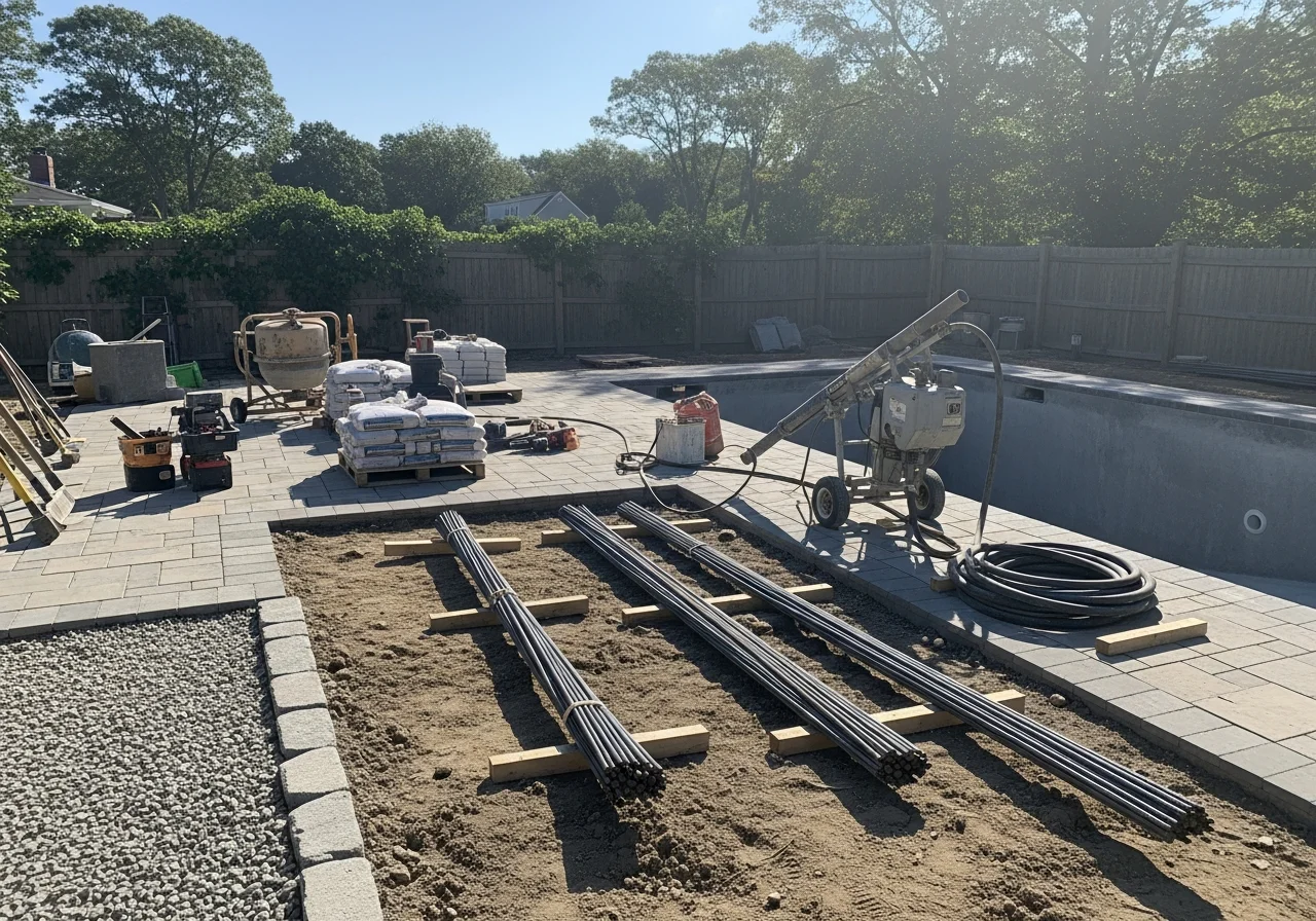 Construction crew and equipment on a residential backyard project site, showcasing tools and materials for pool and hardscape work.