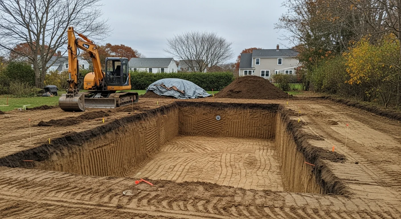 Excavation equipment preparing site for pool construction