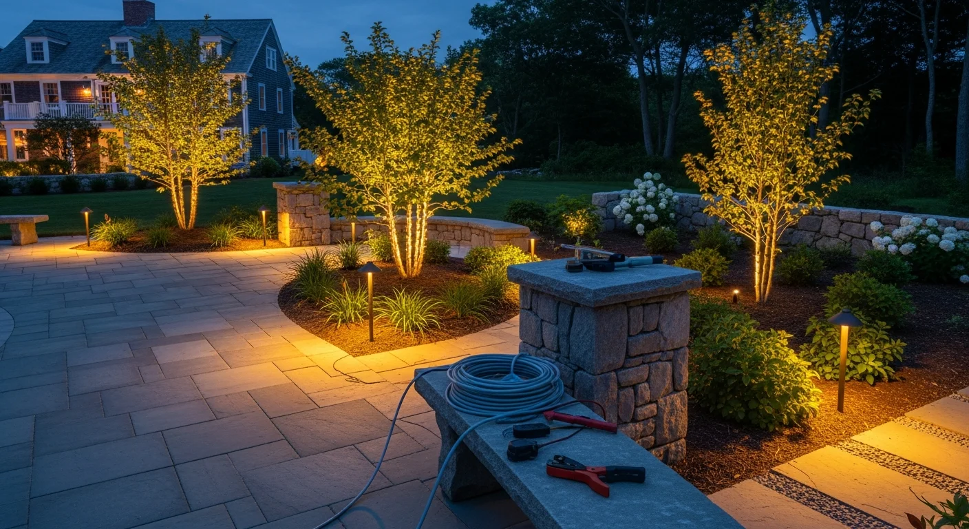 Outdoor landscape lighting installed around pool and patio