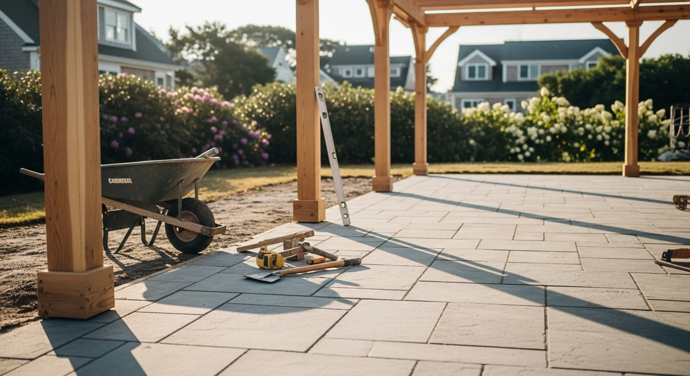 Custom patio and outdoor living space with pool integration in Westerly, Rhode Island
