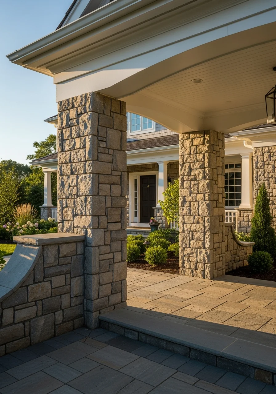 Detail shot of Barrington home's entrance with stone pillars and landscaped walkway.