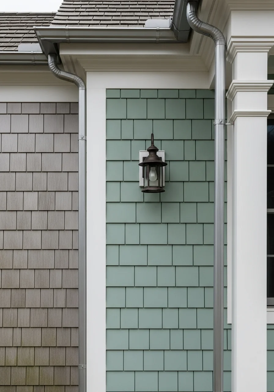 Close-up of coastal Narragansett home's exterior showing salt-resistant materials and detail work.