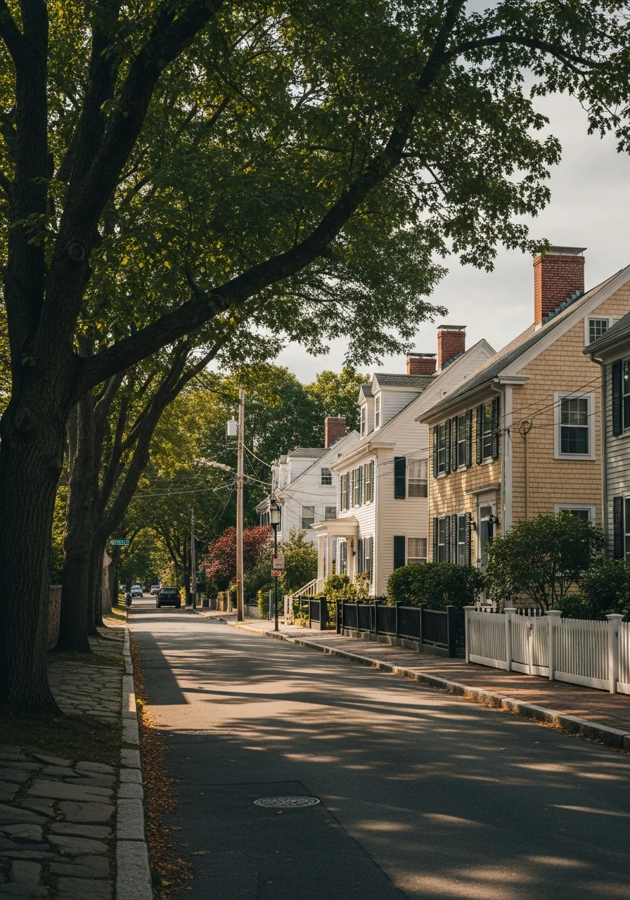 Residential Portsmouth street with mixed architectural styles and tree coverage.