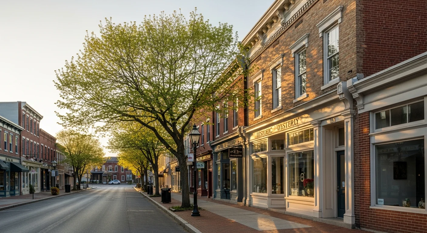 Historic downtown Westerly street with brick storefronts and tree-lined sidewalk on a clear day.