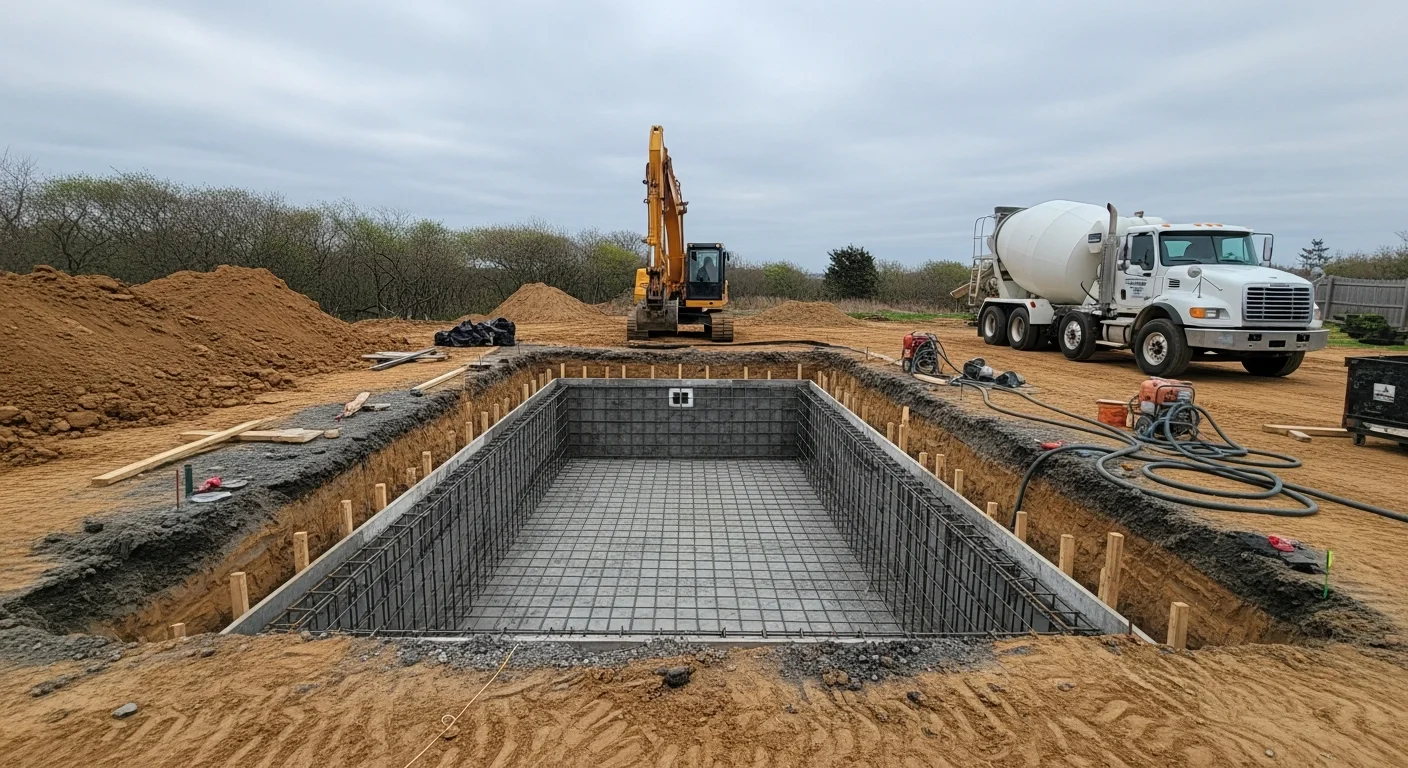 A finished custom gunite inground pool in a Westerly, Rhode Island residential backyard, showing a smooth concrete shell with built-in steps and a surrounding patio. The pool reflects a freeform shape fitted to the property's coastal New England landscape.