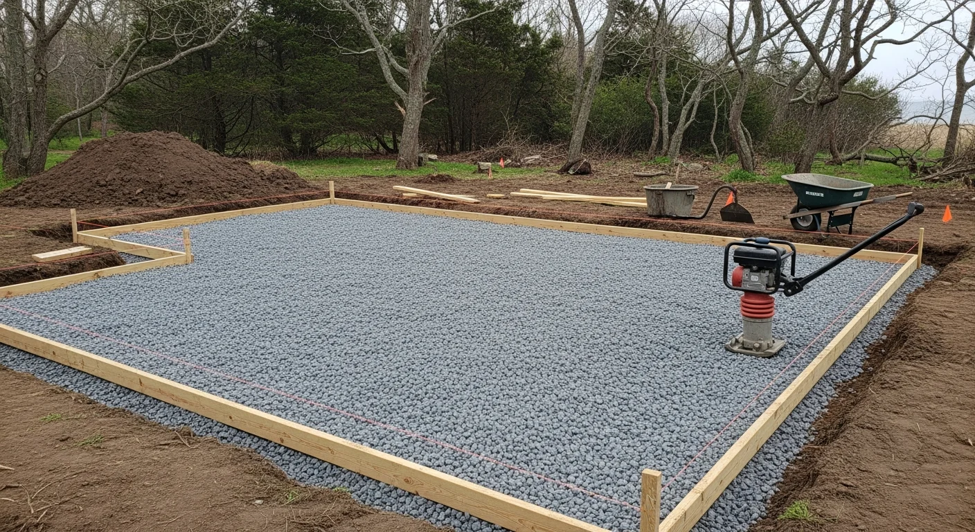 A finished custom patio built by Meadow Hill Construction LLC at a residential property in Westerly, Rhode Island, showing a level hardscape surface with clean edge lines and a backyard seating area. The patio sits adjacent to a single-family home with a coastal New England landscape in the background.
