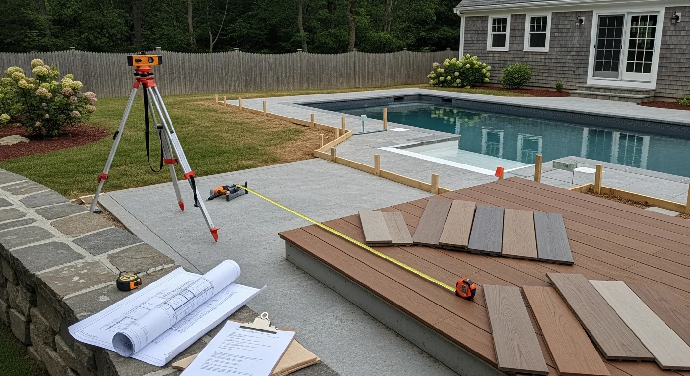 A custom inground pool with stone coping and surrounding hardscape in a Westerly, Rhode Island residential backyard. The design reflects the home's architecture and is built to handle the coastal New England climate.