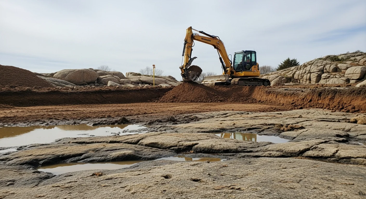 A tracked excavator digging a foundation trench on a residential lot in Westerly, Rhode Island, with exposed rocky soil and cleared land visible in the background. The site is prepared for new construction in a Washington County neighborhood.