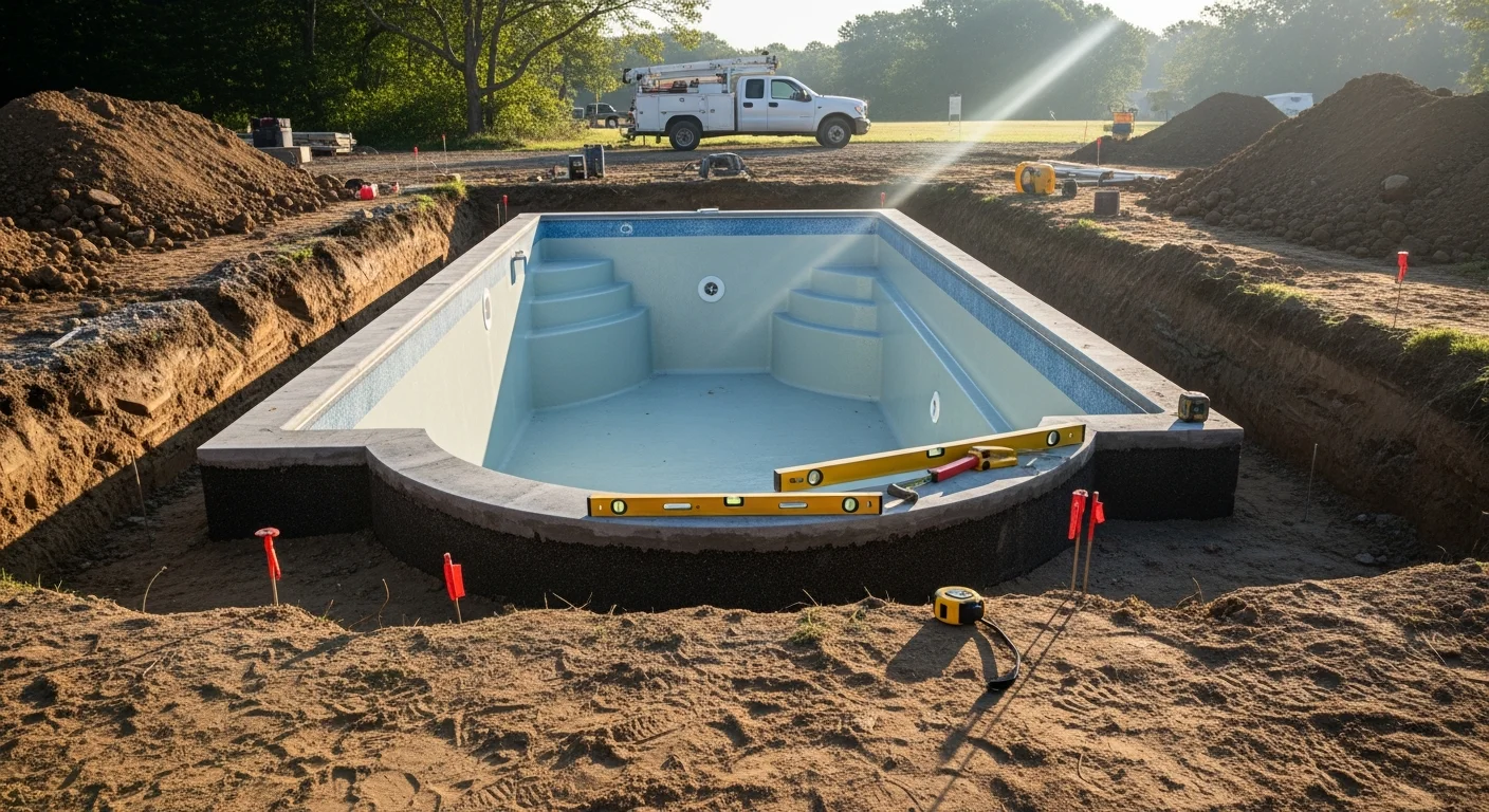 A completed inground fiberglass pool with a smooth interior surface installed in a residential backyard in Westerly, Rhode Island. The pool is surrounded by a concrete deck with a grassy yard visible in the background.