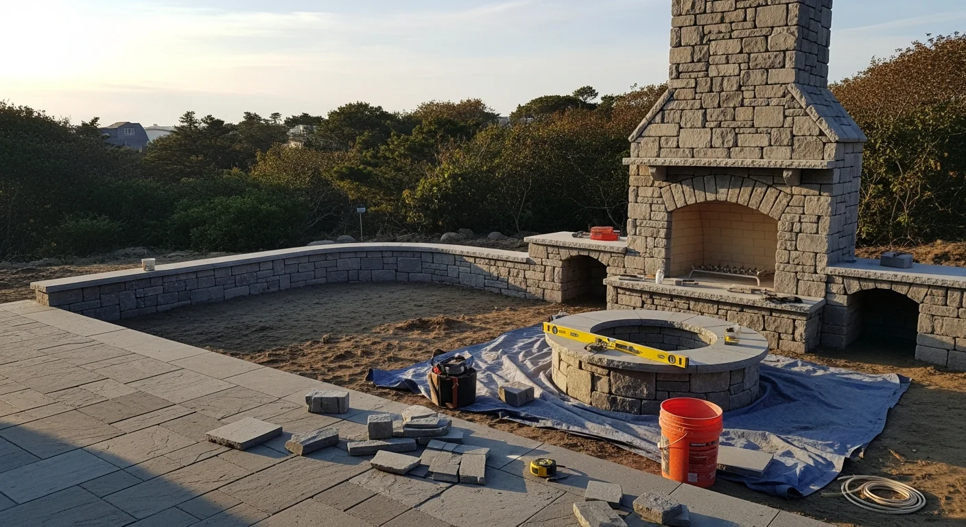 A completed custom masonry fire pit built into a stone patio at a Westerly, Rhode Island residential property. The fire feature is surrounded by a low stone seating wall with an open backyard and coastal New England landscaping in the background.