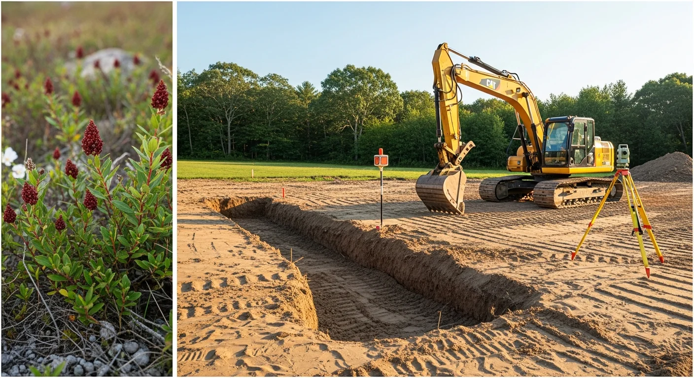 A tracked excavator grading and leveling a cleared residential lot in Westerly, Rhode Island, with exposed sandy soil shaped to a smooth, even grade ready for foundation work.