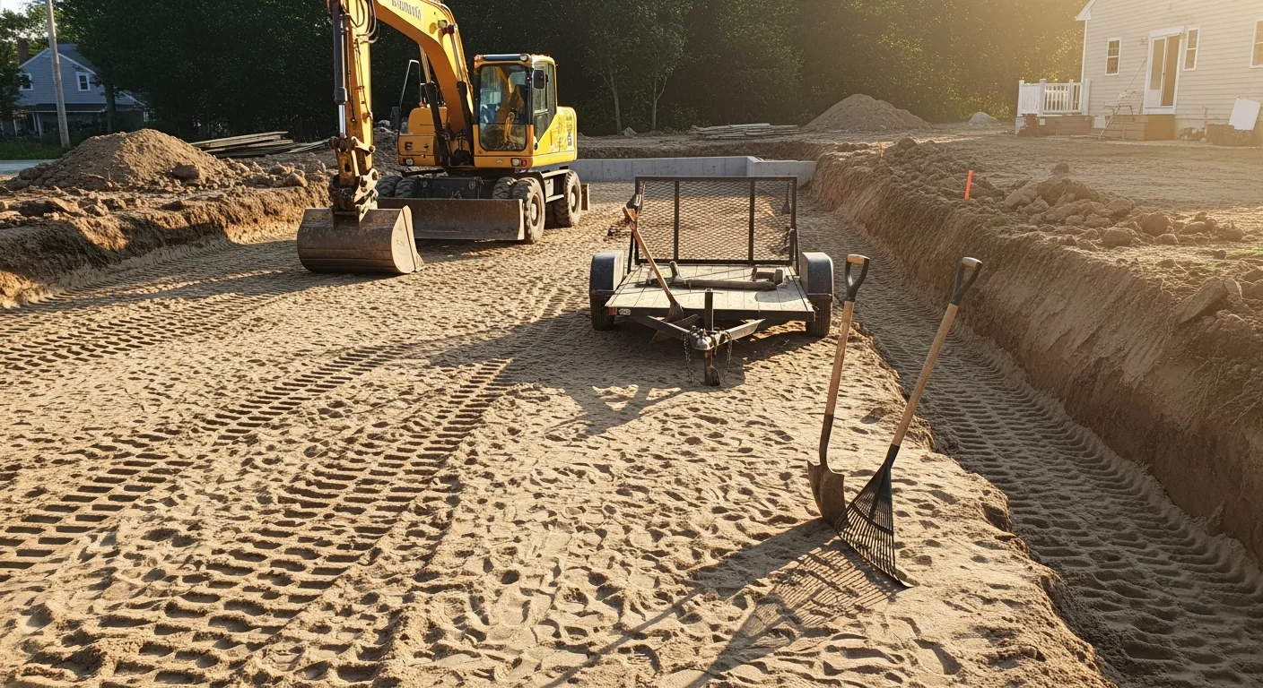 A Westerly, RI residential backyard with freshly excavated ground showing a level, graded sub-base prepared for hardscape installation. Cleared soil and clean-cut edges mark the footprint of a future patio or walkway project.