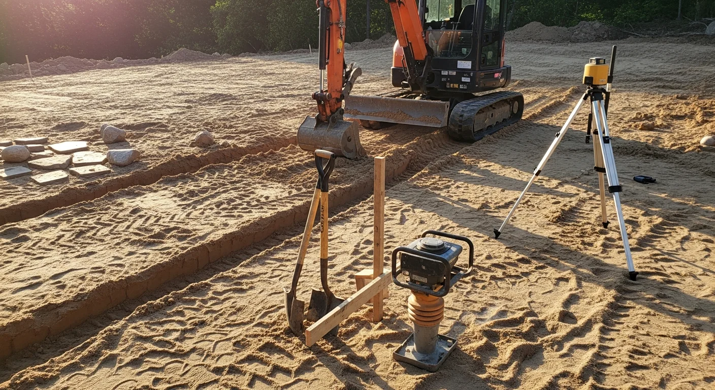 A Westerly residential yard with excavated and graded soil ready for hardscape installation, showing a level compacted base and defined project boundaries. A hardscape contractor's equipment is visible on the sandy coastal soil typical of Washington County, Rhode Island.