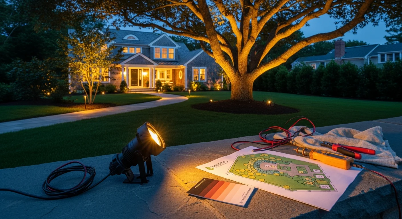 A Westerly, Rhode Island residential property at night with custom landscape lighting illuminating the front walkway, garden beds, and architectural facade. Warm-toned low-voltage fixtures are positioned along the pathway leading to the front entry, with uplighting accenting mature trees in the foreground.