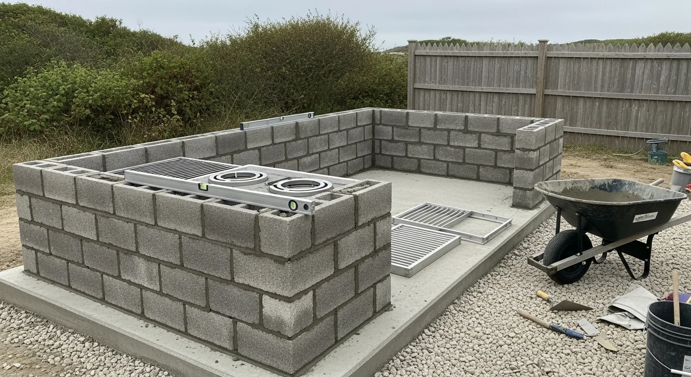 A completed masonry outdoor kitchen built by Meadow Hill Construction LLC on a Westerly, Rhode Island residential property. The structure features a stone veneer base, countertop cooking surface, and a reinforced concrete patio surround suited for coastal New England conditions.