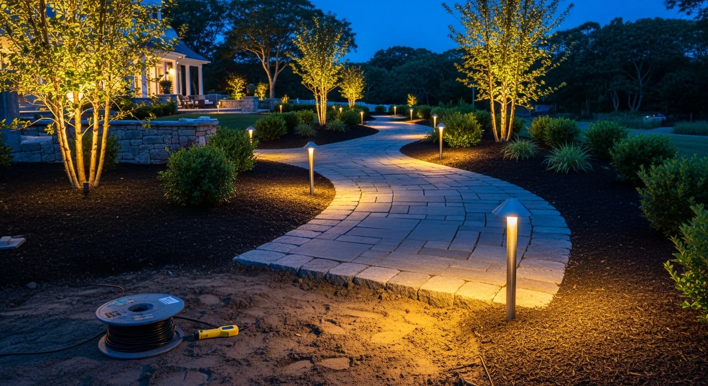 Outdoor landscape lighting installation at a Westerly, Rhode Island residential property, showing illuminated walkway path lights and uplighting on mature trees along the front yard at dusk. Low-voltage fixtures are positioned along a stone pathway leading to the home's front entry.