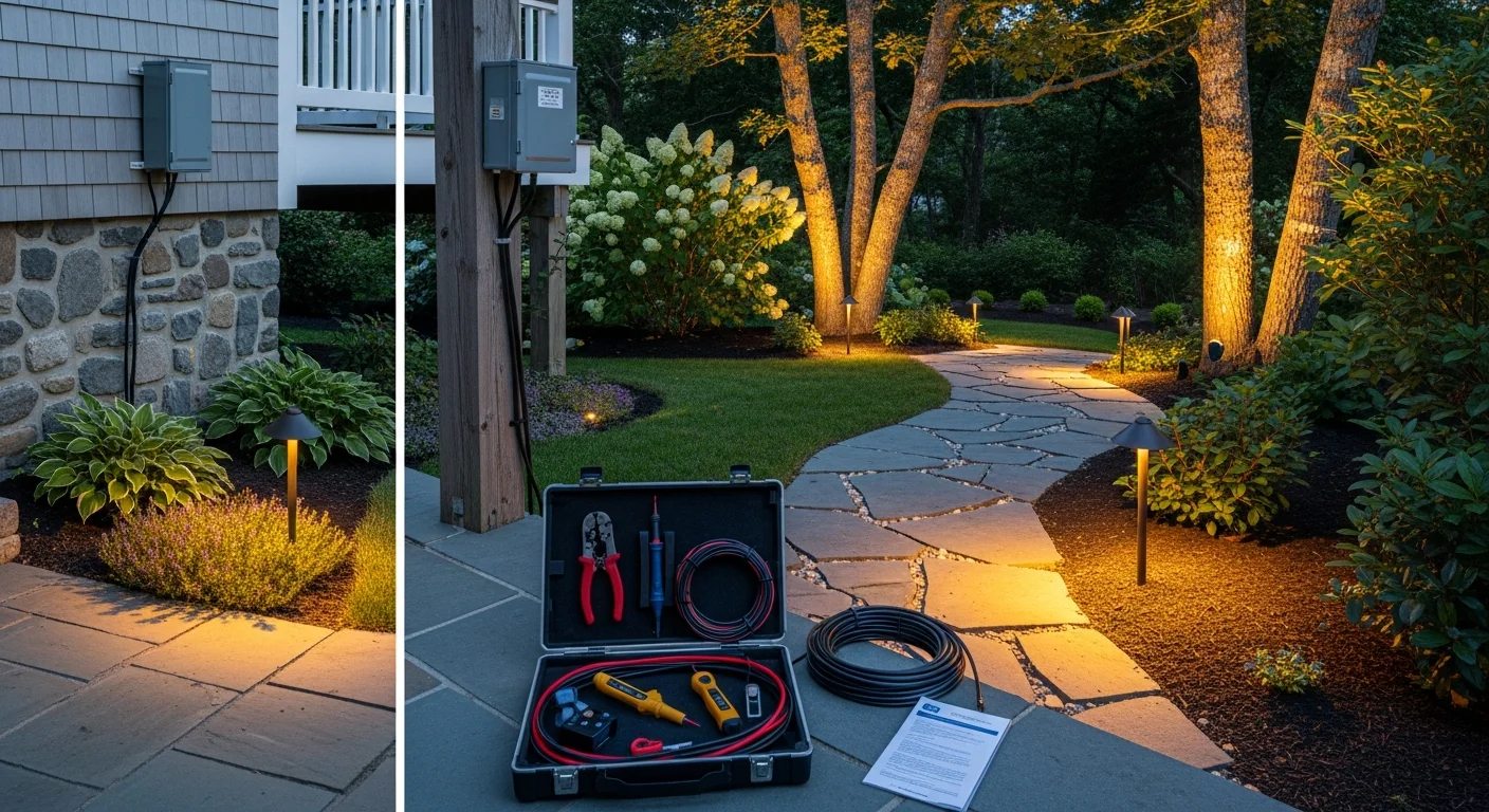 A Westerly Rhode Island residential backyard at night showing upgraded low-voltage LED landscape lighting along a stone walkway with uplighting on surrounding trees and shrubs. Warm light fixtures illuminate a patio edge and entry path against a coastal New England property exterior.