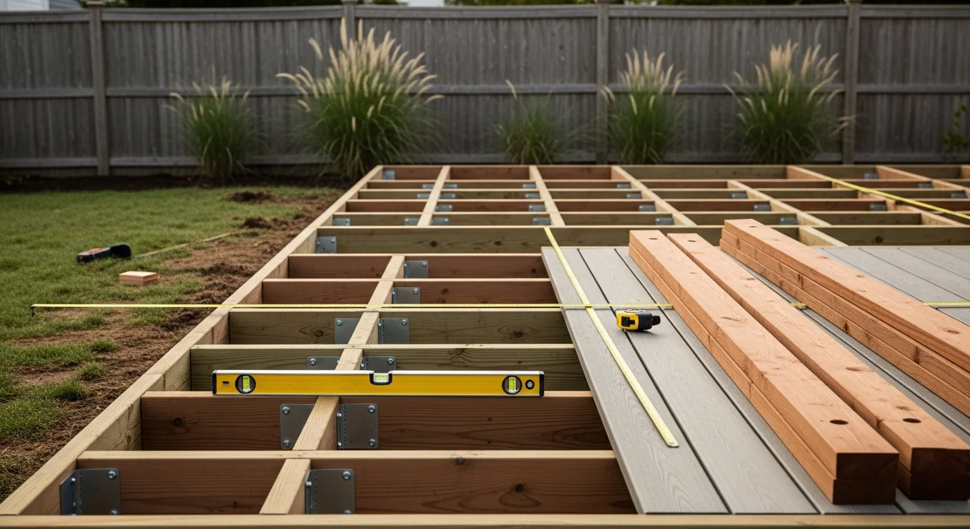 A finished backyard outdoor living space at a Westerly, Rhode Island home, featuring a built deck and patio area surrounded by a residential yard. The construction reflects materials suited to the coastal New England climate.