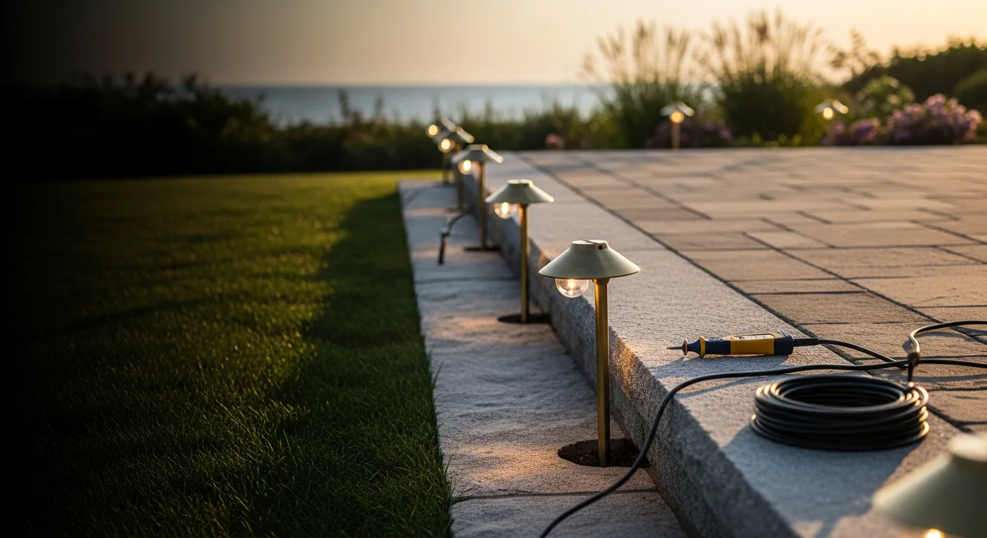 Professionally installed patio lighting on a residential backyard patio in Westerly, Rhode Island, with low-profile fixtures illuminating seating areas, stone steps, and garden borders at dusk. Warm-toned lights cast even coverage across the patio surface with no visible glare.