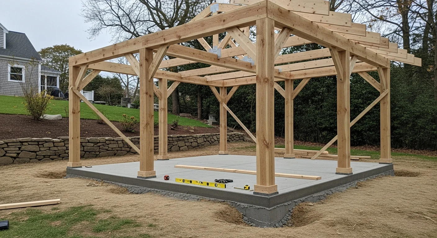 A newly constructed wood-framed backyard pavilion with a pitched roof installed by Meadow Hill Construction LLC on a residential property in Westerly, Rhode Island. The structure sits on concrete footings and connects to a hardscape patio area, with a clean open-air interior suited for outdoor dining or seating.