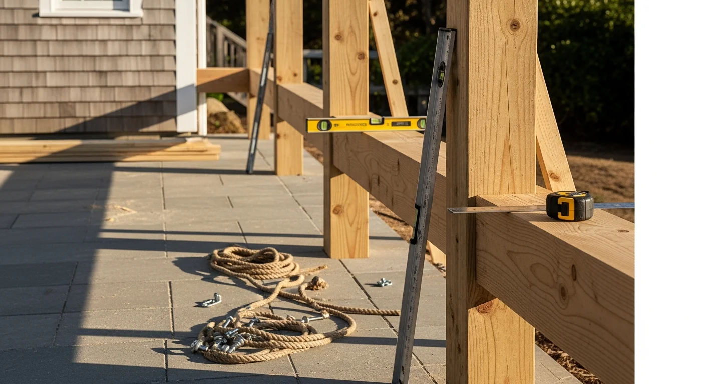 A custom wood pergola with open-rafter roof built over a backyard patio in Westerly, Rhode Island, showing post-and-beam framing sized for coastal wind and snow conditions. The structure is attached to the rear of a residential home with a defined seating area underneath.