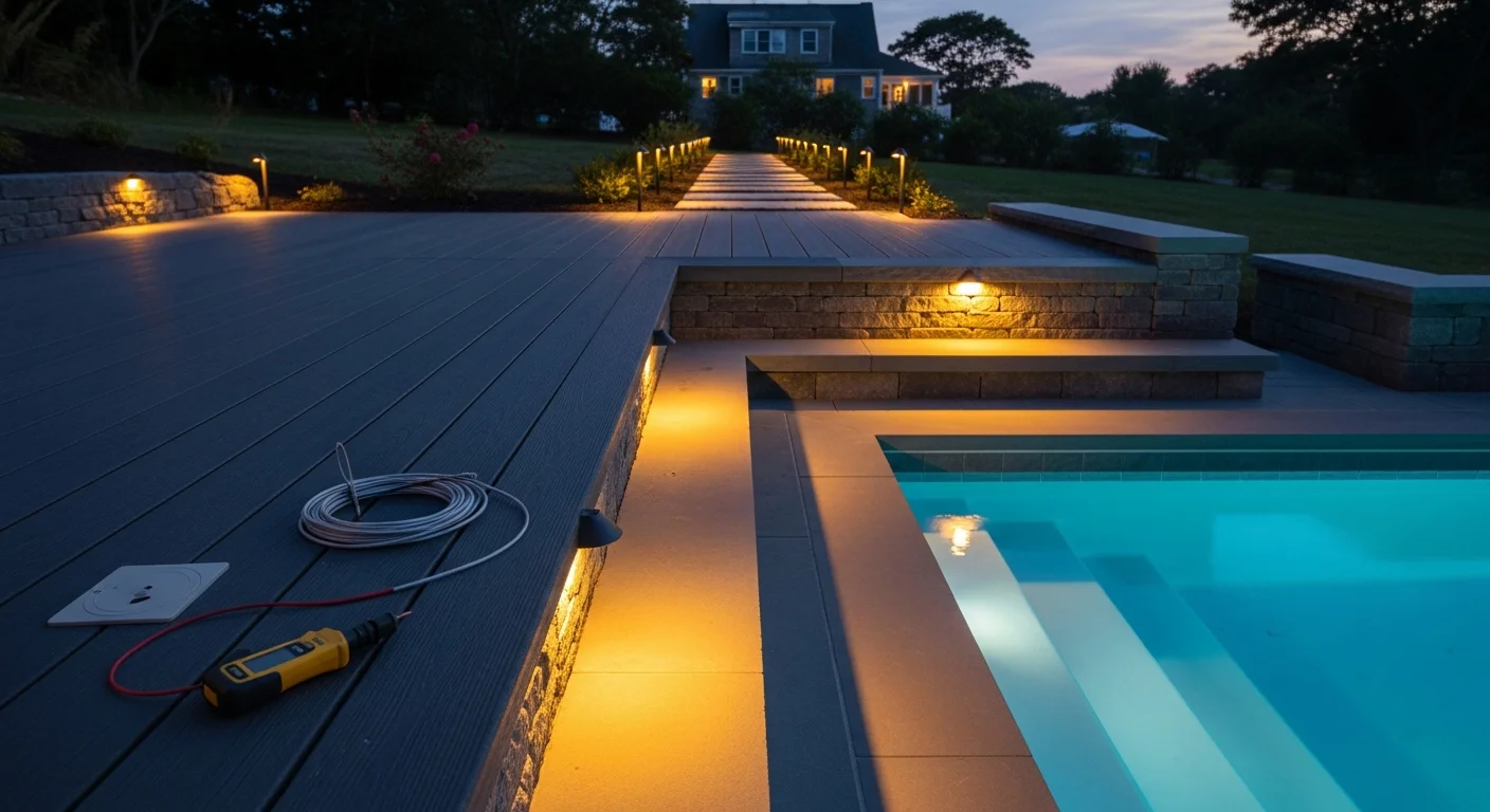 Low-voltage LED landscape lighting installed along the deck edge and steps of a residential pool in Westerly, Rhode Island, with pathway lights illuminating the surrounding yard after dark. Wet-location fixtures mounted at deck level cast even light across the pool surround and adjacent landscaping.