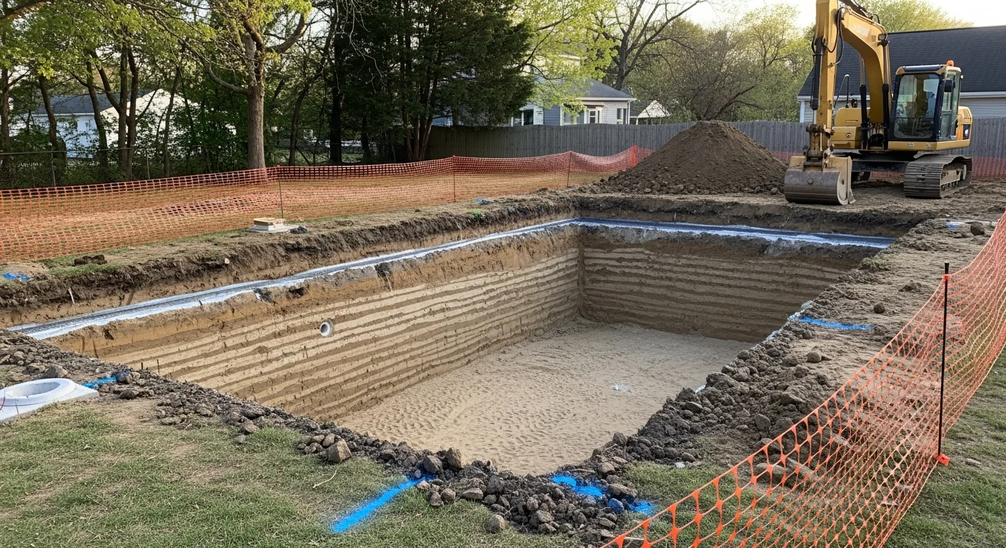 A freshly excavated rectangular pool hole in a Westerly, Rhode Island residential backyard, showing clean-cut soil walls and a level base ready for pool shell installation. Erosion control measures are visible along the perimeter of the dig site.