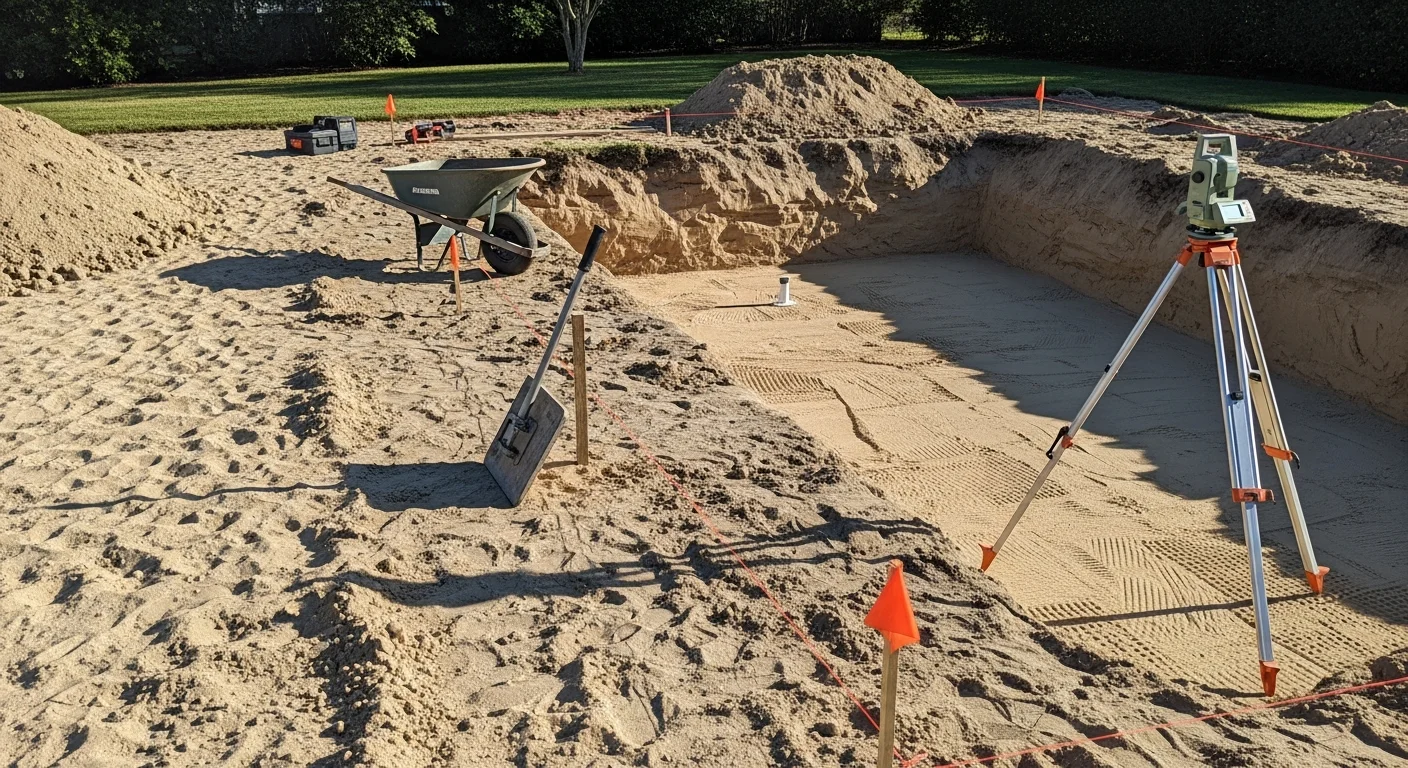 A freshly excavated rectangular pool site in a Westerly, Rhode Island backyard, with graded sandy soil walls and a level base ready for pool shell installation. Construction equipment is visible at the edge of the lot with surrounding grass and a residential fence line in the background.
