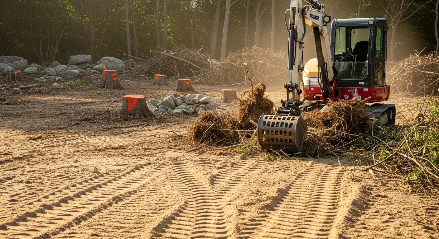 A freshly cleared residential lot in Westerly, Rhode Island showing level ground with all trees, stumps, and brush removed by an excavation contractor. Heavy equipment tracks are visible across the graded soil, with a wooded tree line remaining at the property boundary.