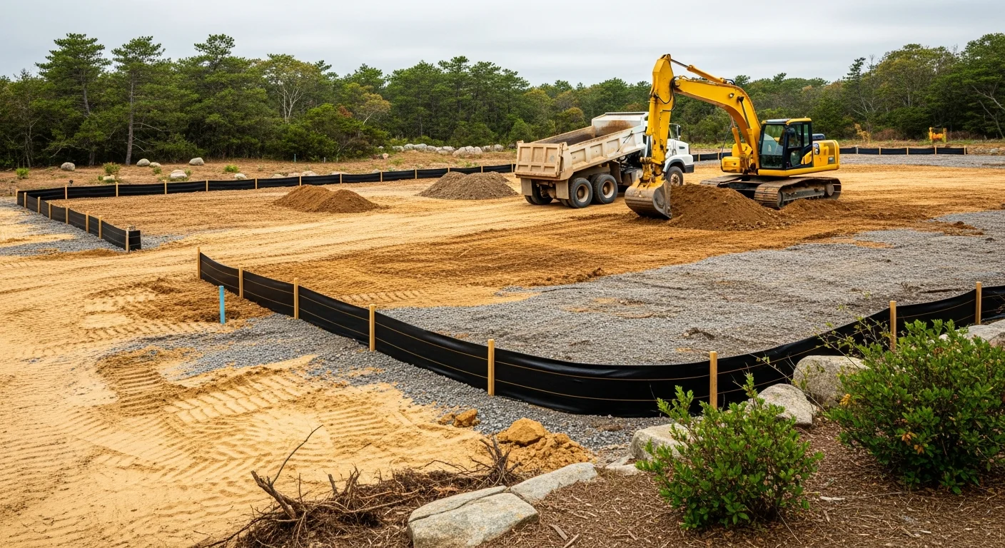 A tracked excavator removing and loading dark sandy soil from a cleared residential lot in Westerly, Rhode Island. The site shows a level subgrade with a dump truck staged nearby for off-site soil hauling.