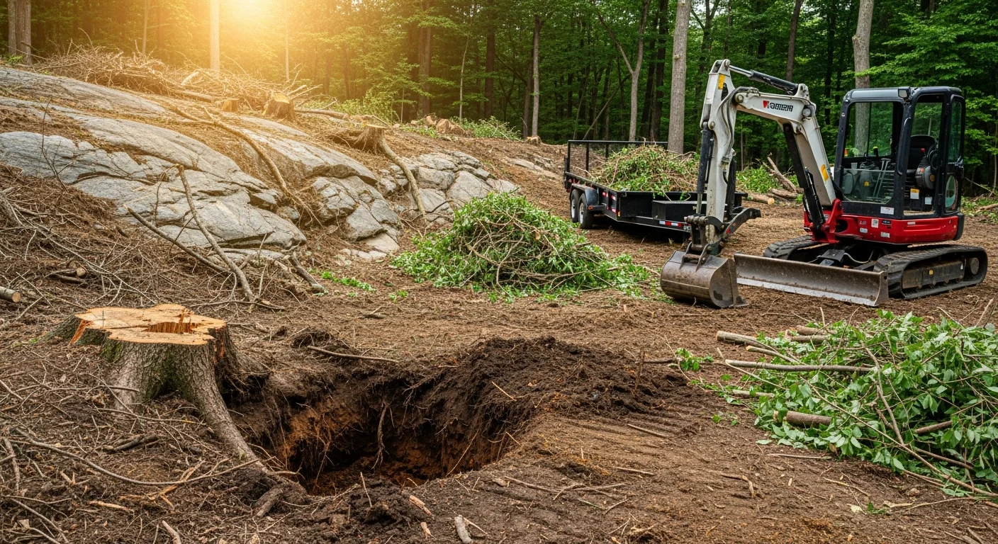 A Westerly, Rhode Island residential lot after professional vegetation removal, showing cleared ground with stumps and brush removed and bare soil ready for excavation. Heavy equipment tracks are visible at the edge of the cleared area where dense overgrowth once stood.